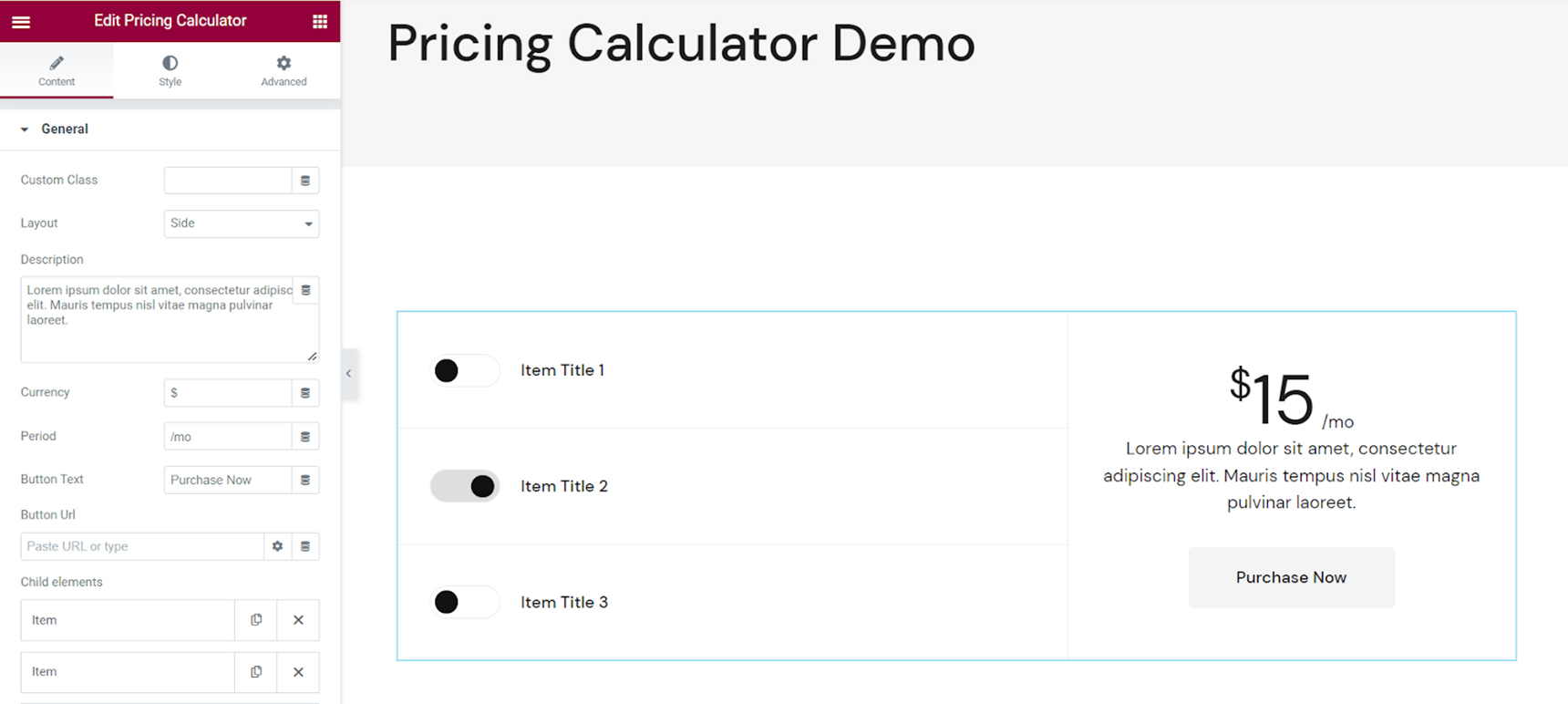 pricing calculator in WordPress - details
